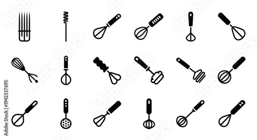 Set of various kitchen utensils icons, including whisks, spatulas, and strainers, presented on a white background in a clean, minimalist style