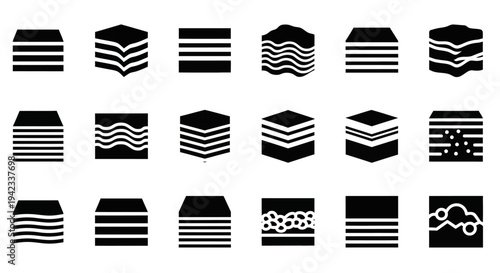 A collection of diverse layered abstract icons representing different textures and patterns