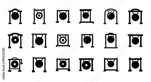 Collection of various stylized icons representing gongs, displayed in a grid format