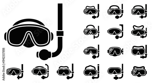 Collection of various scuba diving masks and snorkels, illustration icon set for underwater exploration and water sports