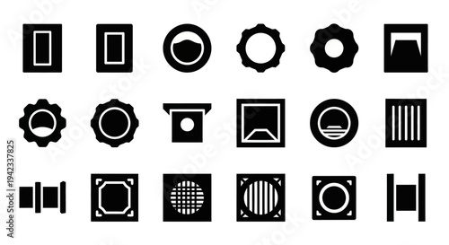 Collection of Various Geometric and Abstract Icons Representing Frames, Filters, and Technical Elements