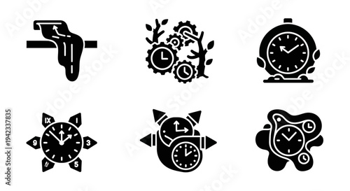 Collection of six abstract icons representing the concept of time and its passage