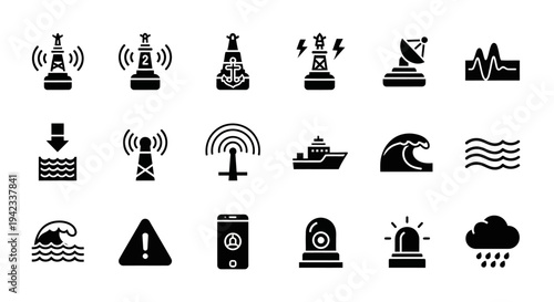 Set of nautical and weather warning icons representing buoys, radar, ships, waves, and alerts