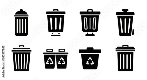 Set of trash can icons, garbage bin symbols, waste receptacles, recycling bins, and refuse containers for disposal and cleanliness