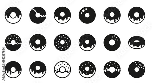 Collection of Various Black and White Donut Icons Representing Different Toppings and Styles