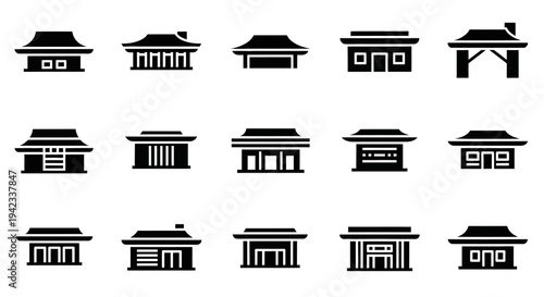 Set of stylized traditional building facades, featuring Japanese and Chinese architectural elements for graphic design