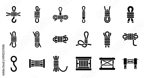 Collection of icons representing various knots, ropes, hooks, and winches for industrial, maritime, and climbing applications