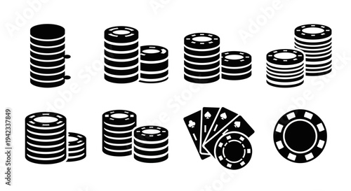Collection of casino chip icons and stacks of poker chips, representing gambling and entertainment