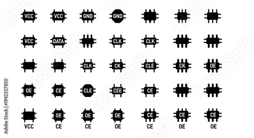 Collection of Integrated Circuit Pins and Symbols Representing Electrical Components