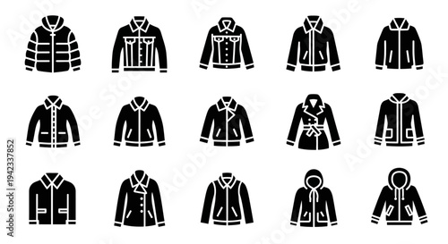 Collection of various styles of jackets and outerwear icons in a clean, modern design