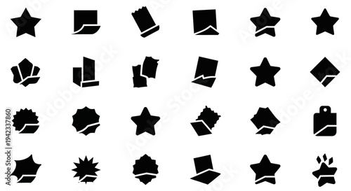 Collection of star and tag icons representing diverse shapes and orientations, perfect for digital interfaces and graphic design elements