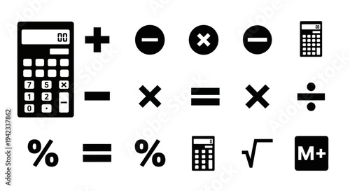 Collection of basic mathematical operation symbols and calculator icon, useful for education, finance, and general calculations