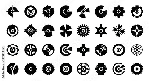 Collection of various black icons representing mechanical parts and abstract designs on a plain background from a straightforward viewpoint