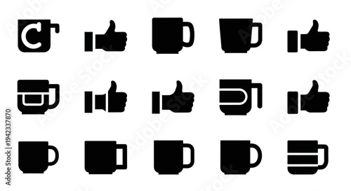 Collection of various icons representing social media interactions and coffee cups displayed on a clean white background from a straightforward viewpoint