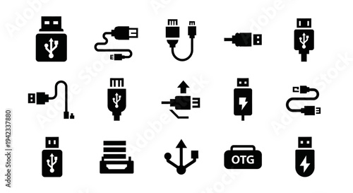 Collection of USB icons representing various connectors and adapters for computer peripherals and devices on a neutral background from a straightforward viewpoint