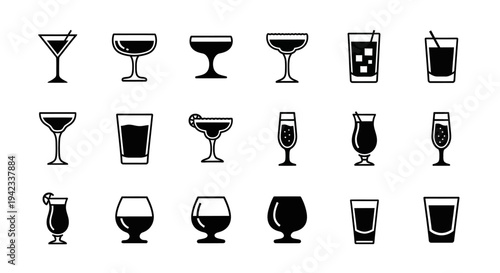 Collection of various drink glasses and cups illustrated in black and white from a straightforward viewpoint