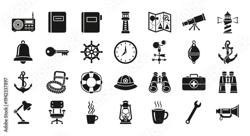 Collection of various monochrome icons representing office and travel items on a white background viewed from directly above