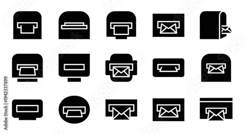 Collection of Simple Black and White Icons Representing Various Devices and Communication Symbols on a Clean Background from a Straight-On Viewpoint