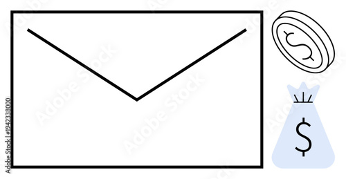 Envelope, coin with dollar sign, and money bag icons signifying financial transactions, e-commerce, banking, savings, investments, and communication. Ideal for concepts thumbs up online payments