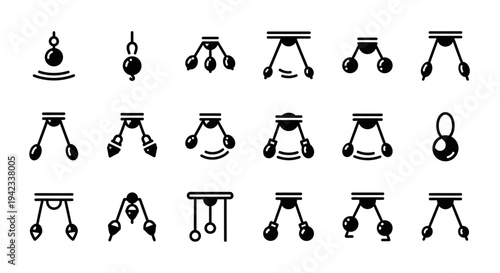 Collection of various dumbbell icons in different poses and styles, fitness symbols, exercise equipment, simple graphics, black illustrations