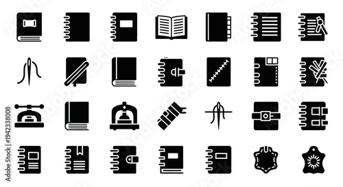 A collection of various black and white icons representing office supplies and stationery on a clean background viewed from directly above