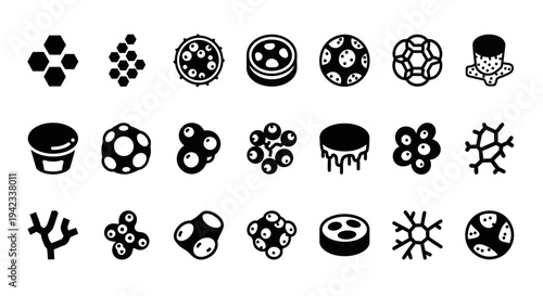 Collection of Simple Black and White Illustrations Featuring Various Cell Structures and Microorganisms