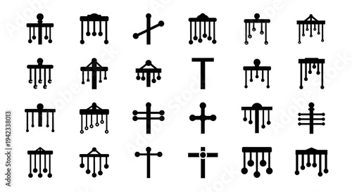 Collection of abstract black silhouettes of architectural elements and crosses on a plain white background from a straightforward viewpoint