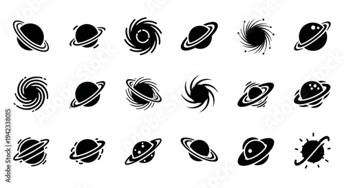Collection of diverse hand-drawn celestial body illustrations, featuring planets and galaxies, in a simple black and white style.