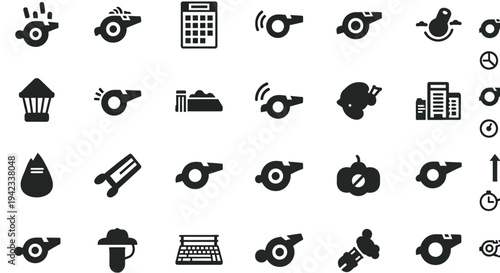 Collection of various black icons representing different objects and concepts on a white background viewed from a straightforward perspective