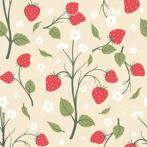 Strawberry Plant Garden Seamless Pattern with Flowers