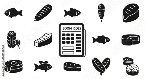 Collection of various food icons centered around a tablet displaying 'SOOM KOLS' interface surrounded by fish and sushi illustrations