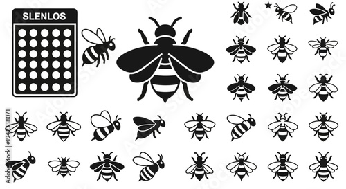 Assorted bee illustrations in various poses and sizes, arranged with a calculator icon on a plain background from a straightforward viewpoint