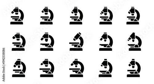 Collection of Microscope Icons Representing Scientific Research and Laboratory Equipment in a Grid Formation