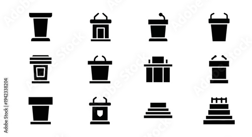 Collection of various black icon illustrations representing different architectural structures and vessels displayed on a white background from a straightforward viewpoint