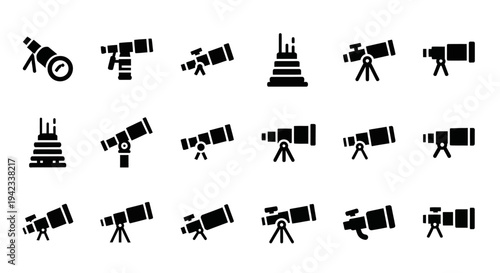 Collection of Telescopes and Observatories Silhouetted against a Neutral Background from Various Viewpoints