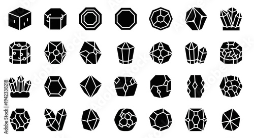 Collection of black geometric gemstone icons on a plain background viewed from directly above, showcasing various shapes and designs.