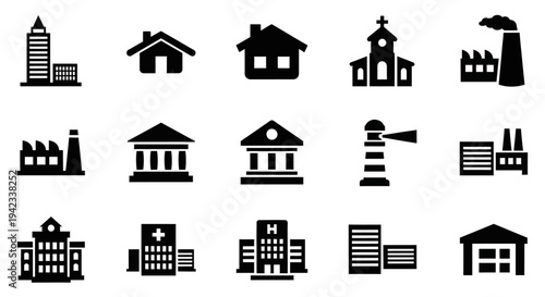 Collection of black silhouettes representing various buildings and structures from different architectural styles and purposes