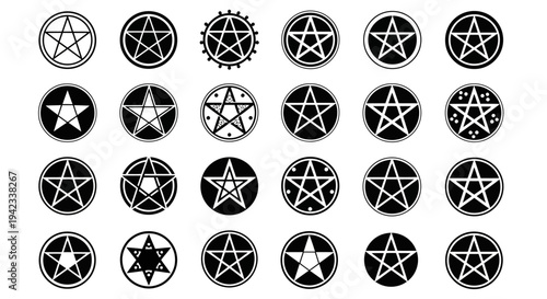 Collection of various pentagram symbols in different designs and styles on a plain white background viewed from a straightforward angle