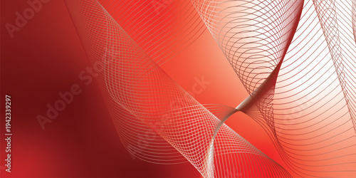 Abstract marron red and white luminous waves curving through a deep shadowy backdrop with scattered glittering micro particles, futuristic digital tech concept, vector illustration