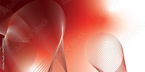 Abstract marron red and white luminous waves curving through a deep shadowy backdrop with scattered glittering micro particles, futuristic digital tech concept, vector illustration