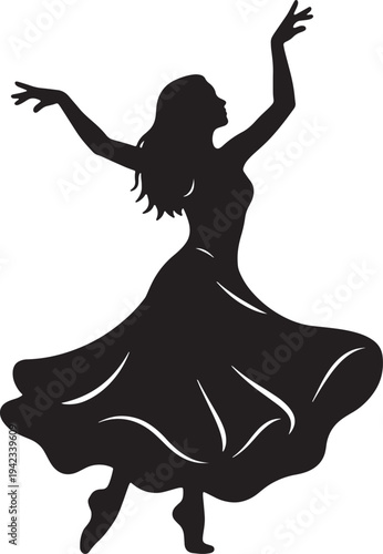 Silhouette of an elegant ballet dancer performing in a wide flowing dress. A graceful ballerina dancing in a flowing skirt.