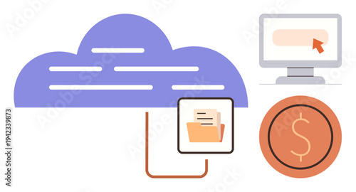 Cloud computing, data storage, file sharing, online services, digital economy, cloud solutions. A cloud icon linked to files, a monitor and a dollar symbol. Cloud computing and data storage concept