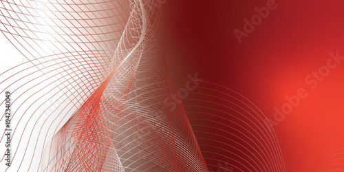 Abstract marron red and white luminous waves curving through a deep shadowy backdrop with scattered glittering micro particles, futuristic digital tech concept, vector illustration