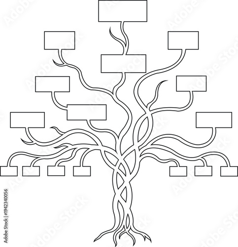Genealogy family tree chart illustration with blank boxes for names, stylized as a growing plant