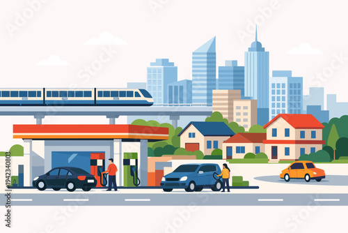 Flat vector illustration of a modern urban city landscape featuring a gas station with cars refueling, suburban houses, a high-speed metro train on an elevated track, and a tall city skyline.