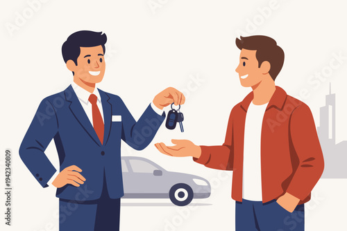 Car salesman in a suit handing over keys to a happy customer in a red jacket, flat vector illustration of an automobile purchase, rental deal, or dealership transaction with a car background.