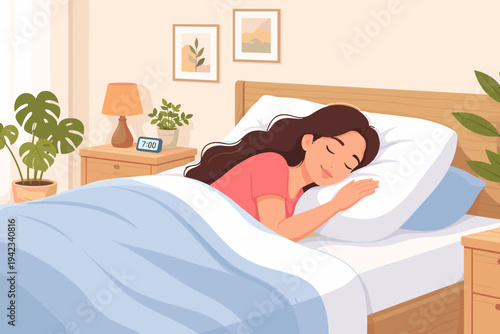 Vector illustration of a young woman with long brown hair sleeping peacefully in a cozy bed with a blue blanket and white pillow in a bright bedroom with plants, a lamp, and a digital clock at 7 AM.
