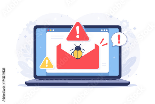 Cyber Security Concept Illustration of a Laptop Screen Showing a Spam Email Warning with a Red Envelope and a Bug Representing Malware, Phishing, and Digital Threats in a Flat Vector Style.