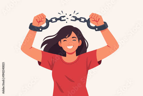 Empowered Young Woman Breaking Handcuffs and Metal Chains Vector Illustration Representing Freedom Liberation Independence and Success in a Simple Flat Design Style on a Light Background