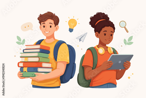 Flat vector illustration of two diverse students, a boy carrying a large stack of books and a girl using a digital tablet for e-learning, featuring educational icons like a lightbulb and magnifying